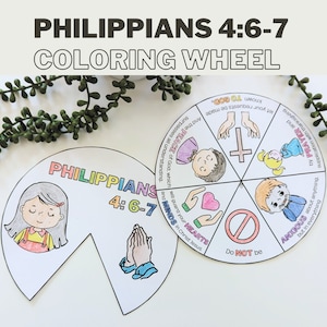 Do not be anxious Philippians 4:6-7 Coloring Wheel, Printable Bible Activity, Kids Bible Lesson, Memory Game, Sunday School lesson