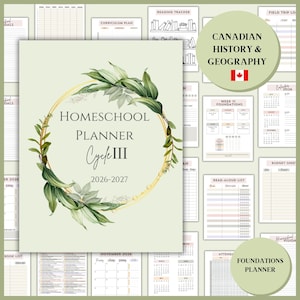 May include: Homeschool planner for Cycle III, 2026-2027, with a floral design. The cover features the text "Homeschool Planner Cycle III 2026-2027" surrounded by a gold ring and green leaves. Additional pages include a reading tracker and calendar.