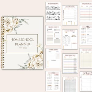 May include: A homeschool planner with a floral design on the cover. The planner includes pages for daily plans, unit studies, reading tracker, meal planner, field trip log, budget sheet, read-aloud list, loop planning, attendance, and monthly calendars for the years 2024 and 2025. The planner is titled "Homeschool Planner 2025-2026".