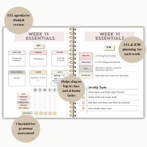 May include: A spiral-bound planner open to a weekly spread. The left page features grammar topics like sentence structure and parts of speech. The right page includes writing tasks and vocabulary. Text includes "Week 11 Essentials" and "Helps stay on top of class."