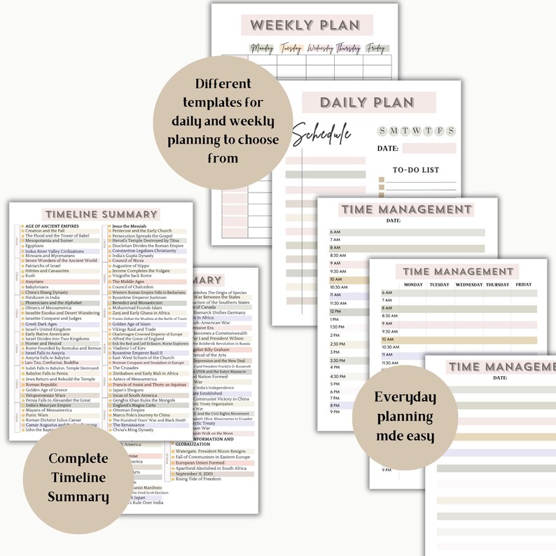 May include: A collection of printable planner templates in shades of beige and white. Includes weekly, daily, and time management layouts, along with a timeline summary. Text on the image includes "Weekly Plan", "Daily Plan", "Time Management", and "Timeline Summary".