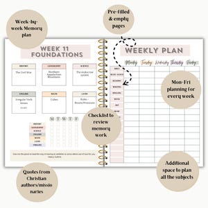 May include: Open spiral-bound planner with a weekly layout. The left side features a week-by-week memory plan, with subjects like history, geography, and science. The right side has a weekly plan with space for subjects and a checklist. The planner includes pre-filled and empty pages.