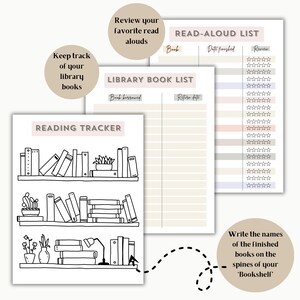 May include: A collection of printable reading trackers and lists. The Reading Tracker features a bookshelf illustration. The Read-Aloud List and Library Book List have spaces for notes. Text includes "Review your favorite read alouds" and "Keep track of your library books."