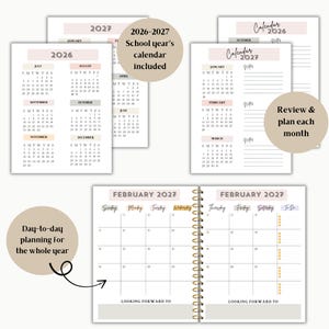 May include: A planner with a spiral binding, featuring monthly and daily layouts for 2026 and 2027. The pages include calendars, notes sections, and the text "2026-2027 School year's calendar included". The planner is designed for day-to-day planning.