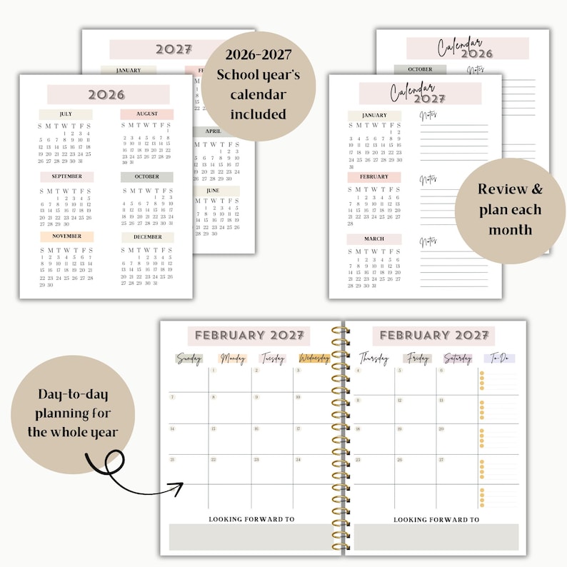 May include: A planner with a spiral binding, featuring monthly and daily layouts for 2026 and 2027. The pages include calendars, notes sections, and the text "2026-2027 School year's calendar included". The planner is designed for day-to-day planning.