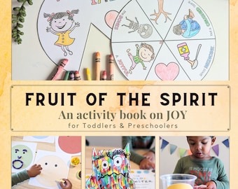 May include: A colorful activity book for toddlers and preschoolers on the fruit of the spirit, joy. The book includes a printable wheel with the proverb Proverbs 17:22, a coloring page, and a craft activity.