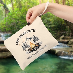 Custom Camping Bachelorette Makeup Bag, Outdoor Mountain Bride Canvas Pouch, Retro Camping Themed Bridal Party Gift, Hiking Bach Zippered