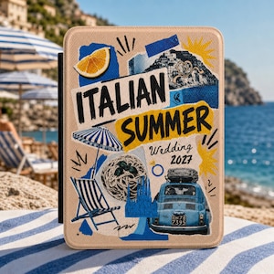 May include: A rectangular e-reader case with a beige textured surface featuring a collage design. The text reads ITALIAN SUMMER Wedding 2027. Graphics include a slice of orange, a blue striped beach chair and umbrella, a blue car, and pasta.