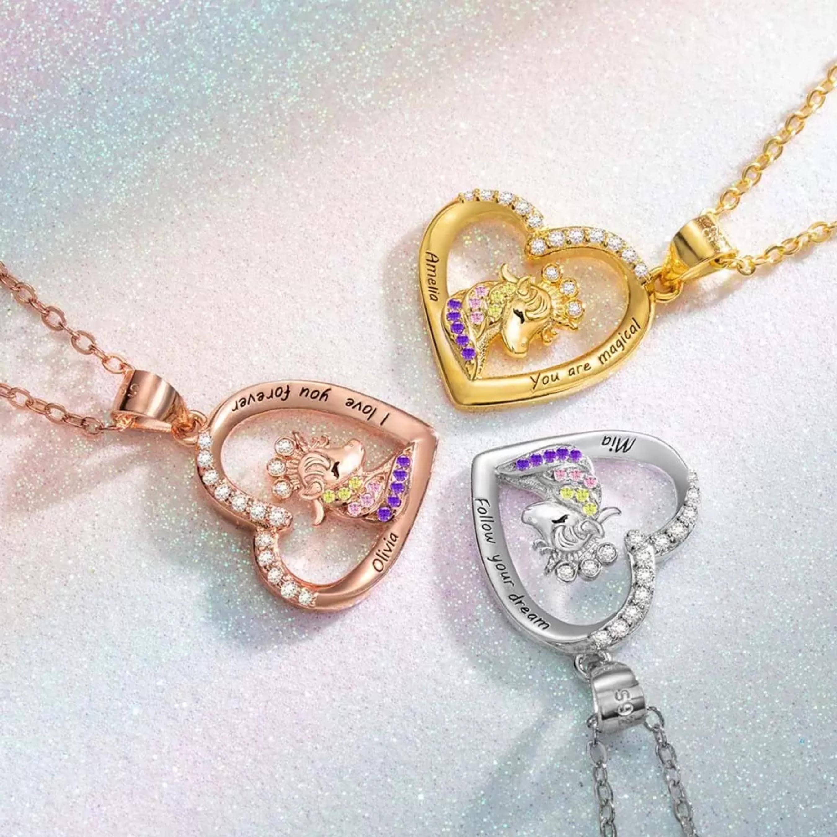 Personalisierte Halskette mit Herzanhänger und gekröntem Einhorn, Schmuck, Weihnachtsgeschenk für Mädchen