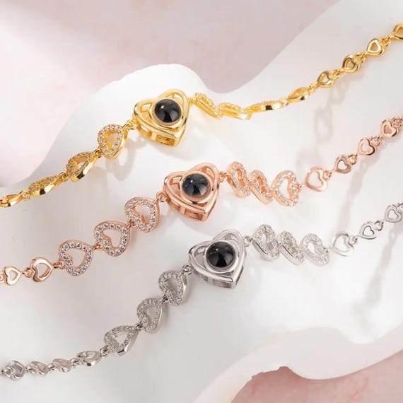 Bracciale Con Foto Personalizzata A Proiezione - Argento 925, Ciondolo Rotondo, Catena Regolabile, Regalo Donna