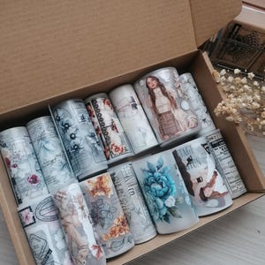 Sindhurascrafts Stationery box/No. 14 different for tape 100 x 7 cm/ 5 wooden stamps/vintage/stationery/flowers/girls/