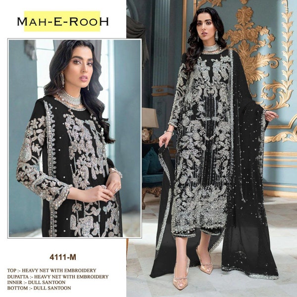 Black Pakistani Dresses In Heavy Butterfly Net With Embroidery And Sequence Worked Dupatta , Ready To Wear Salwar Kameez For Women/Girls