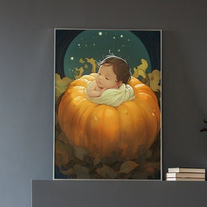 Halloween Schwangerschaft Ankündigung Poster 1, Kind im Kürbis neues Mädchen Wand Kunst Baby Shower Geschenk für Mama Junge unterwegs Kinder Dekor Kunst