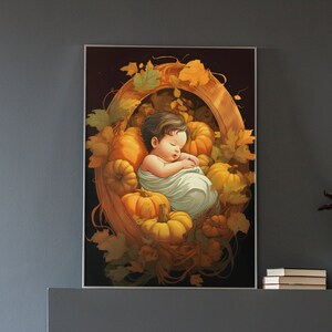 Cartel de anuncio de embarazo de Acción de Gracias 2, niño en la cornucopia, nuevo niño en camino, regalo de baby shower para nueva mamá, decoración infantil de cosecha
