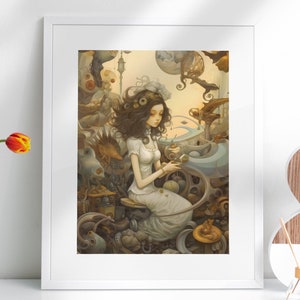 Mysterieuze poster steampunk meisje, decor voor slaapkamer of woonkamer magisch cadeau voor Moederdag grillige steampunk decor retro print kunst
