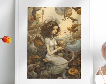 Tajemnicza dziewczyna steampunk plakat, dekoracja do sypialni lub salonu magiczny prezent na dzień matki fantazyjny wystrój steampunk retro wydruk artystyczny