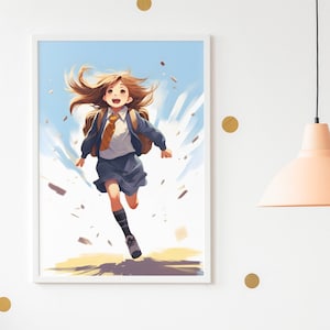 Póster de regreso a clases, niña corriendo a la escuela 1, primer día de aprendizaje, arte de pared, regalo para alumna de grado, decoración de niña, colegiala de anime, nueva decoración