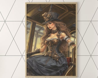 Steampunk Dress Lady Poster, magical wall art for living room decoration gift for science lover fantasy wall art decor for library or office