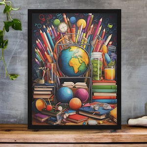 Back to School Poster Erster Schultag 8, Geographie Lehrer Geschenk Globus Dekoration Reisende Wandkunst Buch lesen Klassenzimmer Spaß