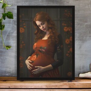 Póster de anuncio de embarazo de Halloween n.° 6, diseño de una pelirroja con temática de terror para baby shower, regalo para futura madre para decoración de otoño.