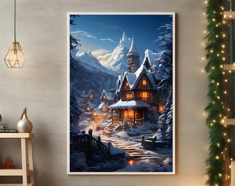 May include: A framed illustration of a snow-covered village with a large, wooden house with lit windows. The house has a pointed roof and a tower. The village is surrounded by snow-covered mountains and trees.
