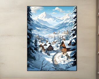 May include: A painting of a snowy mountain village with houses and a winding road leading up to the mountains. The sky is blue and there are trees on either side of the road.
