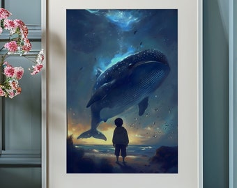 Póster de ballena voladora, decoración de habitación mágica, impresión de fantasía, arte de pared para niños, decoración infantil caprichosa, niño observador, obra de arte del océano, paisaje divertido