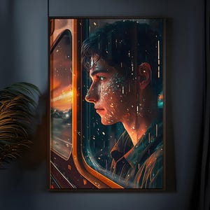 Train Traveller Poster, travel in the rain wall art thoughtful passenger decor railway travelling print Christmas vacation voyage decoration