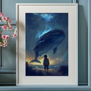 Póster de ballena voladora, decoración de habitación mágica, impresión de fantasía, arte de pared para niños, decoración infantil caprichosa, niño observador, obra de arte del océano, paisaje divertido