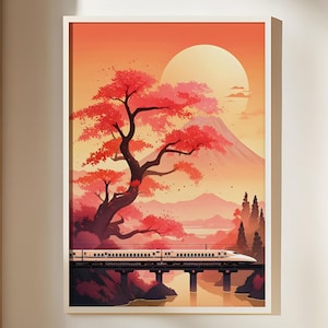Serene japanische Landschaft Poster, Japandi Wandkunst Shinkansen Hochglanz Zug Wohnkultur Sakura Baum Druck Reise Liebhaber Geschenk Japan Fuji Kunstwerk