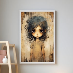 Sad Beige Kindheit Poster 1, Manga Comic-Buch Illustration süßes Mädchen Druck japanisches minimalistisches Beige Baby Wand Kunst sentimental Dekor Geschenk