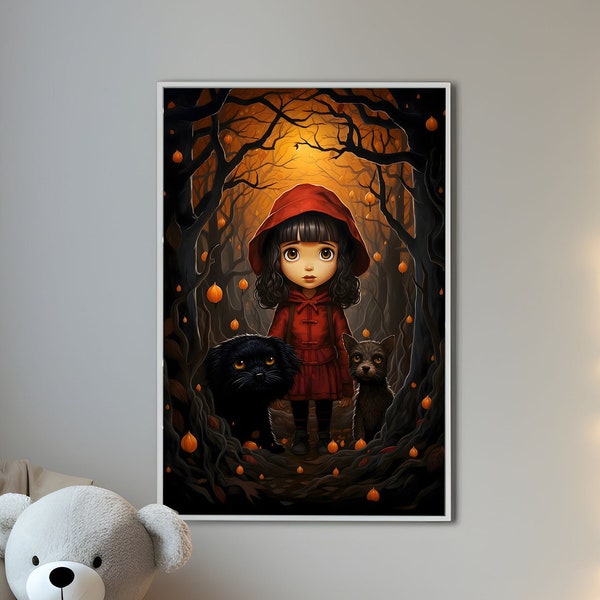 Little Red Riding Hood Poster 1, fairy tale wall art magical fantasy book decoration dog and cat lover gift scarry child room decor print