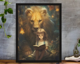 Póster de una niña leyendo, arte de pared de león, decoración encantadora para el dormitorio infantil, regalo para amantes de los libros, decoración de biblioteca mágica, regalo de guardería para niñas