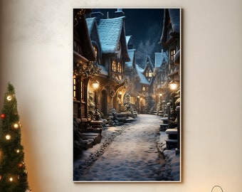 Peaceful Cozy Village Poster 3, winter travel wall art quiet town street wall decor Christmas decoration winter night cottagecore print art