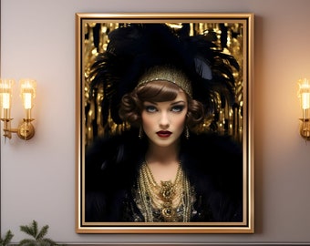Retro 1920s inspired by the Great Gatsby Poster 1, gold and black woman portrait 20s ball gown decor Christmas gift for her vintage wall art