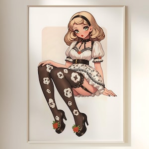 Elegant Gothic Lolita Poster, vintage inspired pin up illustration anime girl home decor cute emo dress wall art sweet lady decoration print