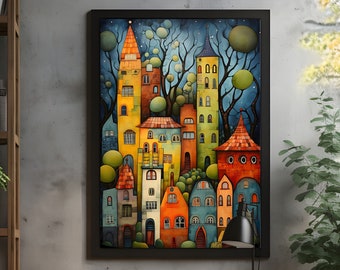 Strange City Poster 3, colorful block wall art whimsical architecture print gift for architect Vienna inspired decoration crooked home decor