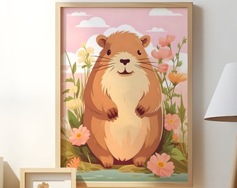 Cute Kawaii Capybara Poster, vibrant room wall art for girls gifts for kids children bedroom decor pink flower decoration minimalist print