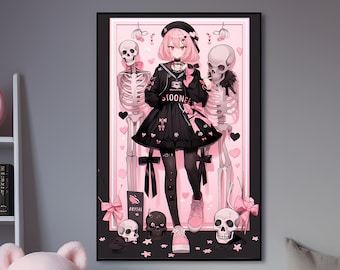 Halloween Emo Anime Girl Poster 2, horror skeleton wall art dark gothic dress manga drawing print alternative gifts fashion wall decor paint