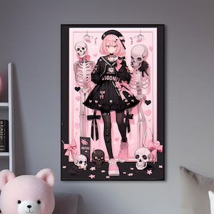 Halloween Emo Anime Girl Poster 2, horror skeleton wall art dark gothic dress manga drawing print alternative gifts fashion wall decor paint