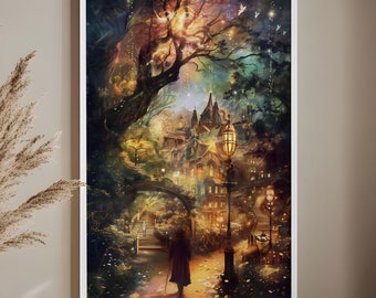 Walking to a Magic House Poster, whimsical wall art mysterious vibe decor fantasy castle print street lamp mystic light artwork decoration