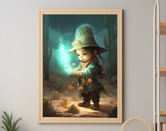 Póster de niña cactus, encantador arte de pared para dormitorio infantil, regalo para amantes de los cactus, regalos para niñas, habitación infantil, arte de pared occidental, decoración de cactus
