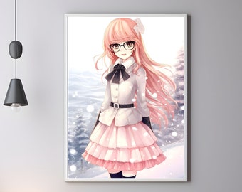 Winter Anime Girl Poster 5, shy nerdy pink hair schoolgirl wall art Christmas gifts for manga fans snowy mountains print cute skirt decor