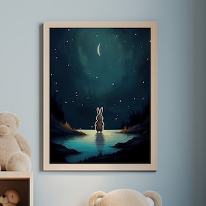 Rabbit and Moon Poster, charming wall art for child bedroom magical rabbit print animal moon art cute rabbit art bunny whimsical lunar decor