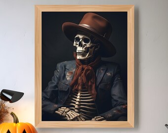 Halloween Western Skeleton Poster 1, cowboy skeleton Halloween print Western art wild west gift for Halloween scary horror Thanksgiving gift