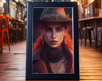 Fantazyjny plakat z psychodeliczną kowbojką, zachodnia sztuka ścienna na Halloween dla miłośnika fantasy, prezent steampunkowy dla niego, tajemniczy kowbojski nadruk, dekoracja domu