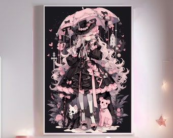 Halloween Emo Anime Girl Poster 1, whimsical manga drawing wall art horror anime print black dress gift for teen goth clothing scary skull