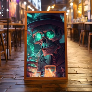 Whimsical Psyhedelic Skeleton Poster, strange magical wall art cyberpunk club decoration fantasy canteen print Halloween horror lover decor