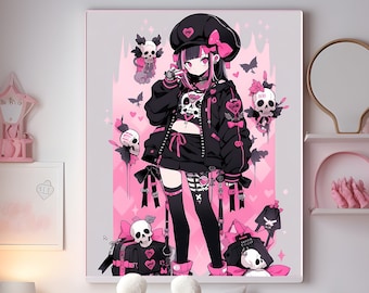 Halloween Emo Anime Girl Poster 5, goth teenager in Halloween costume wall decor black mini skirt stockings print cute manga teen wall art