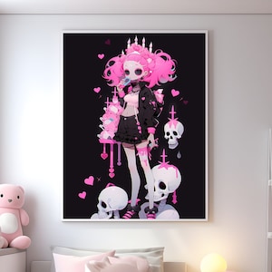 Halloween Emo Anime Girl Poster 4, gruselige Skelett Dame Wand Kunst Manga Druck Schädel Teenager Mädchen Wanddekor Halloween Geschenk für Teenager malen